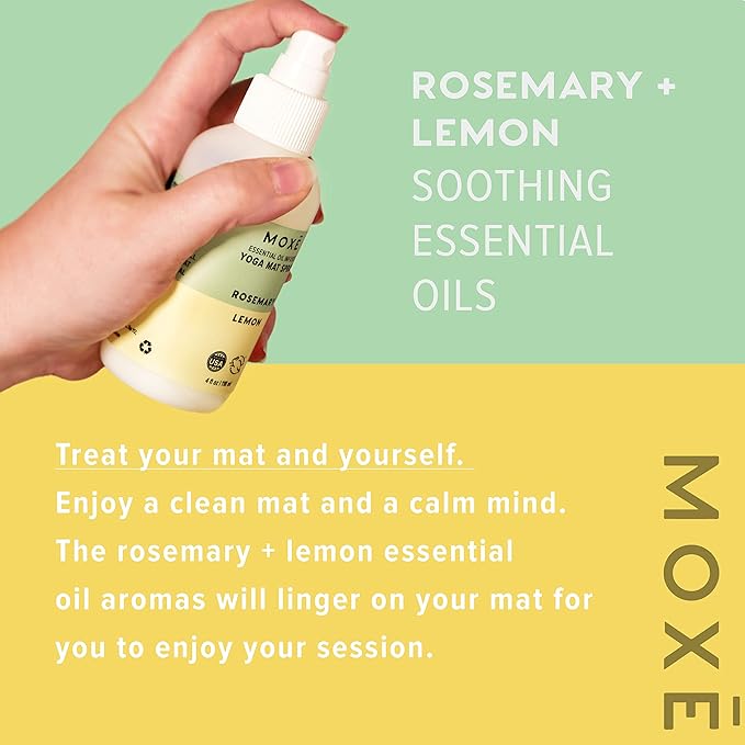 MOXE Yoga Mat Cleaner Spray, Rosemary & Lemon Essential Oil, Safe for All Mats & Exercise Equipment, Odor & Sweat Protection, Includes Microfiber Cleaning Towel, Green America Certified, 4 Oz (2 Pack)