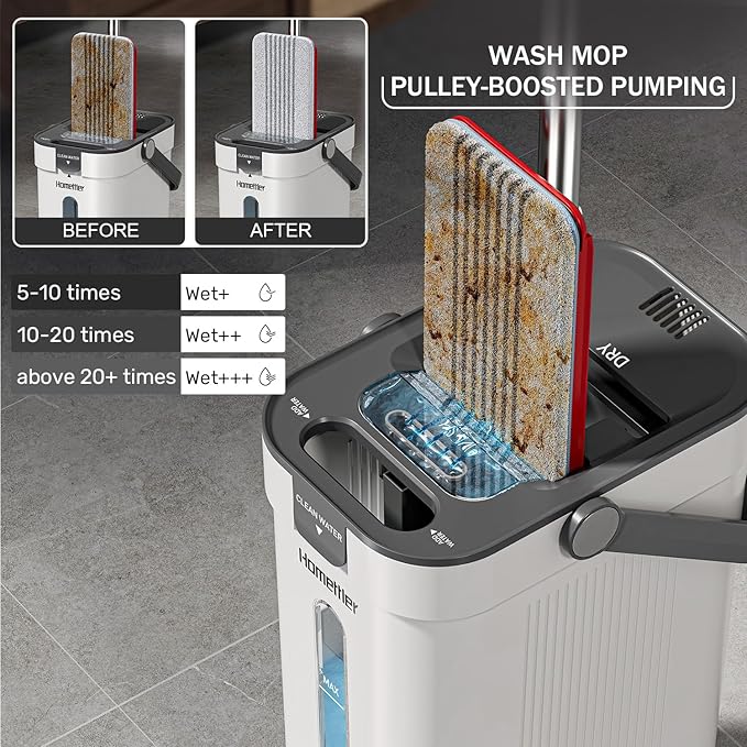HoMettler Dual-Mop and Bucket Set, 3-Tank Flat Mop and Bucket System with Separate Dirty and Clean Water, Wall Cleaner Mop, Flat Mops for Floor Cleaning with 6 Microfiber Pads