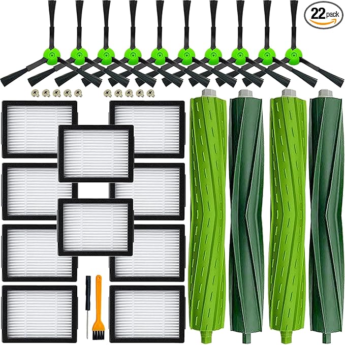 Replacement Parts for iRobot Roomba i3 i3+ i4 i4+ i5 i5+ i7 i7+ i8 i8+ j5 j5+ j7 E5 E6 E7 e, i, and j Series Robot Vacuums Replenishment Kit 2 Set Rubber Brushes,10 Vacuum Filters,10 Side Brushes