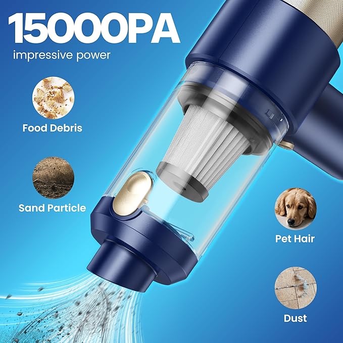 Mecanto Car Vacuum Handheld Vacuum Cleaner, 15000PA Suction, Mini Vacuums with Air Duster and Blower, Portable Hand Held Vacuum for Car, House, Crumbs, Hair (Blue)