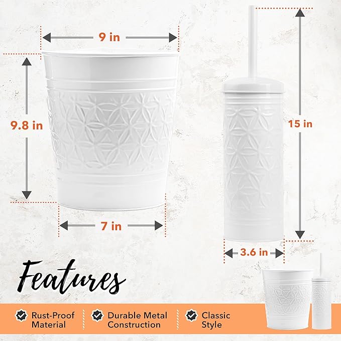 Autumn Alley White Farmhouse Bathroom Trash Can and Toilet Bowl Brush with Holder - White Bathroom Accessories Set for Charming Bathroom Décor