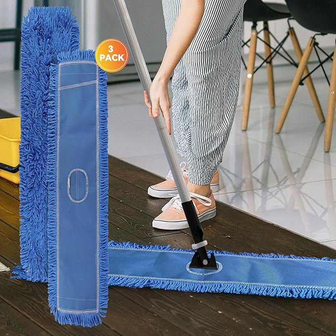 Commercial 48 Inch Dust Mop Head: Replacement Heavy-Duty Sweeper and Janitorial Industrial Dust Mop Head for Floor Cleaning, Office, School, Restaurant, Hospital (3 Pack - Blue)