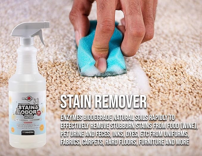 DU-MOST Bio-Enzymatic Stain & Odor Remover, Professional-Grade & Biodegradable, Cleans Pet Urine/Feces, Wine/Ink/Dye/Smoke/Fabric/Floor/Carpet, 32 Oz