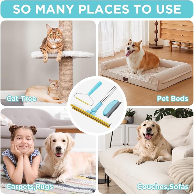 Bolfie 3 in 1 Carpet Rake for Pet Hair Removal, Tool Set of 3, 55” Long Handle Carpet Pet Hair Removal Carpet Scraper Dog Cat Hair Remover for Sofa, Couch, Car, Rug