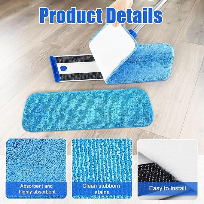 Flat Mop with Stainless Steel Handle, Handle Adjustable 3 Sections Splice Microfiber Mop Floor Cleaning 4 Pieces Mops Cloth Wet & Dry Pads Wet and Dust Mopping