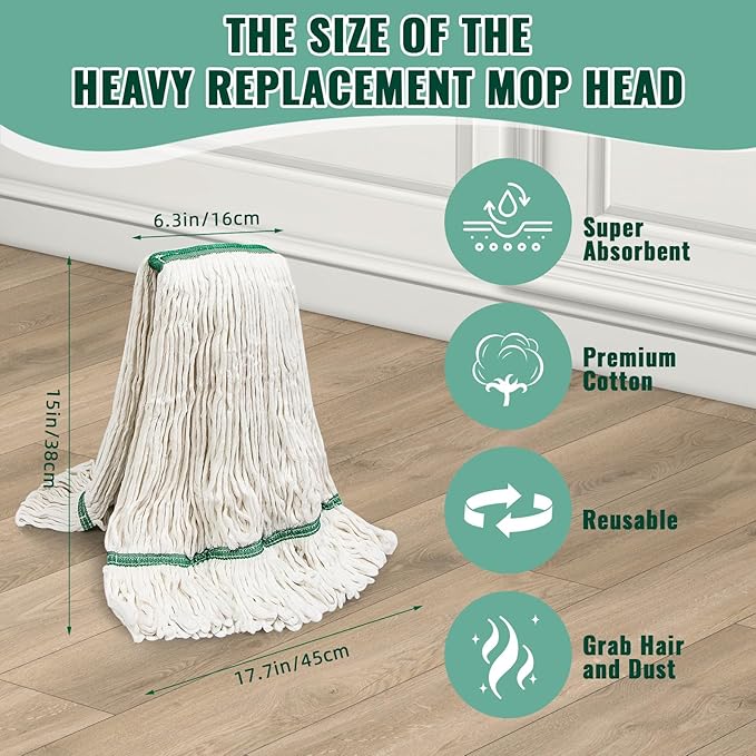 20oz mop Head Replacement, 3 Pack Heavy Duty Industrial Cotton Looped End String Cleaning Mop Head Refills,Used for Home,Garage,Office and Kitchen,White mop Head Replacement