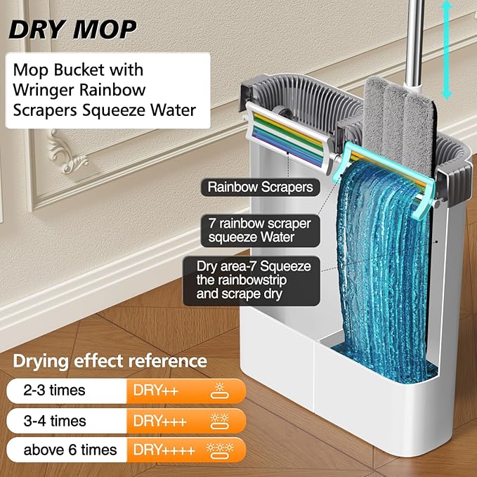 CTIME Flat Mop and Bucket Set with Wringer，Wet and Dry Use，Hands-Free Flat Mops for Floor Cleaning and Window Wall Cleaner with 4 Microfiber Pads.