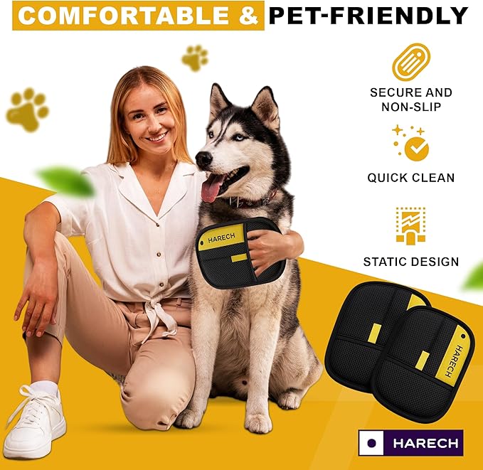 HARECH [2-Pack] Pet Hair Removal Glove Set, Black & Yellow Washable Fur Remover for Dogs & Cats, Reusable Grooming Tool with Meshed Fabric for Furniture, Sofa, Carpet