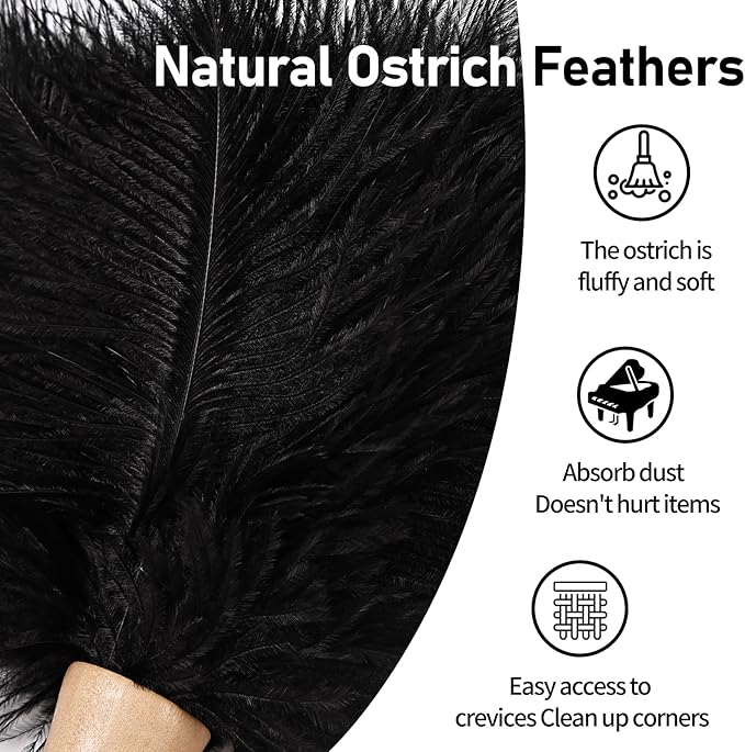 MehelloFeather Ostrich Feather Duster 12 Inch Handheld Duster Supplies, Wooden Handle Feather Duster for Cleaning Keyboard Home Car Office (Black)