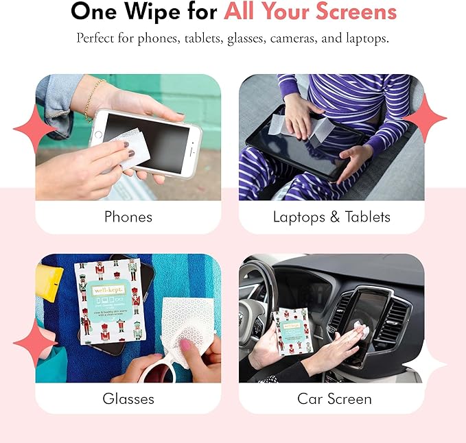 Well-Kept Tech & Lens Wipes - Eyeglass, Screen & Phone Cleaning, Multi-Surface, Lint-Free, Pre Moistened, Streak-Free & Non Scratching - Nutcracker, 6 Pack (90 Count)