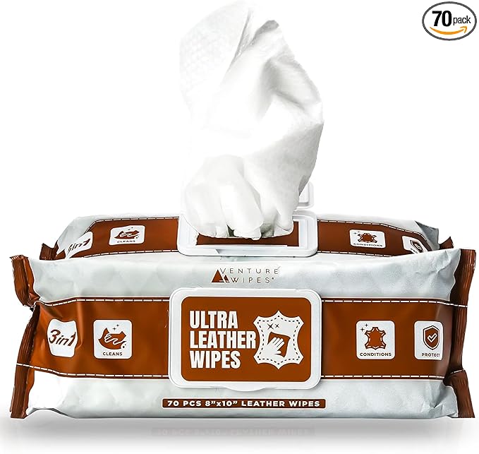 Venture Wipes Leather Cleaner Wipes - Clean, Condition, & Protect - Cleansing Wipes for Interior, Furniture, Purses, Shoes Boots - Car Cleaning Supplies - Extra Large 8"x10" - 70 Count
