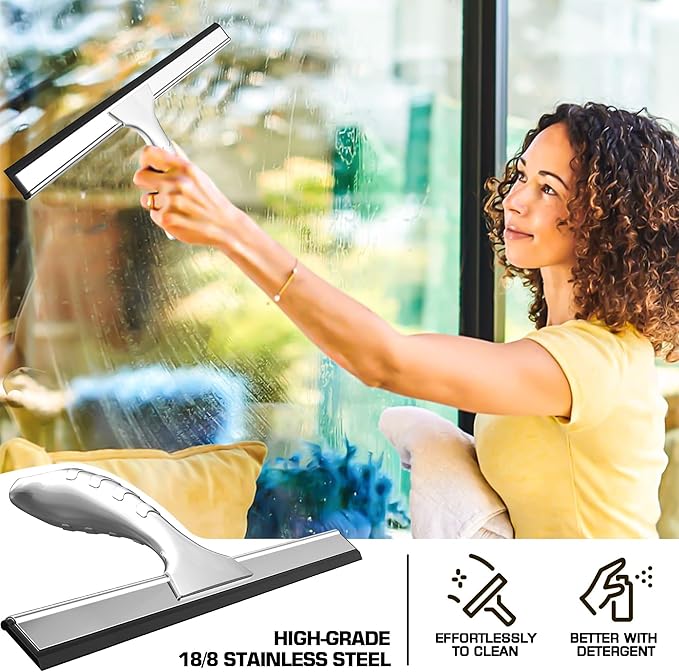 Stainless Steel Shower Squeegee for Glass Doors with 2 Adhesive Hooks, All-Purpose Squeegee for Bathroom Cleaner Tool Household Window Mirror Squeegee, Cleaning Tile Wall, Car, 12 Inch Silver