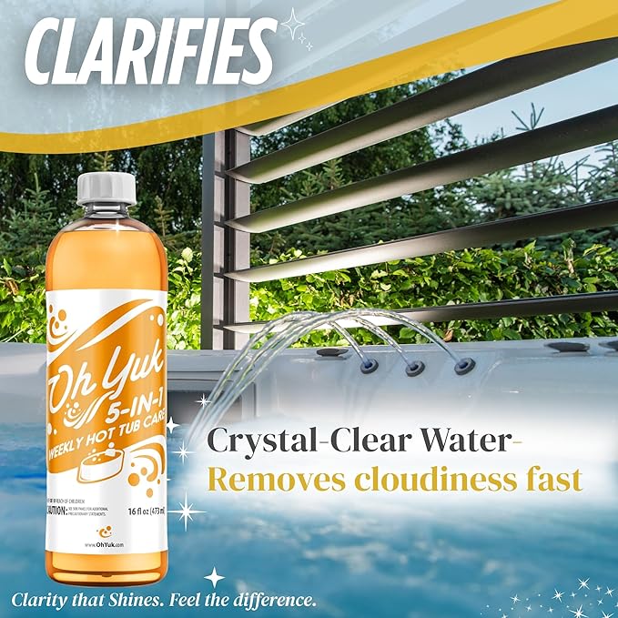 Oh Yuk 5-in-1 Weekly Hot Tub Care – All-in-One Spa Cleaner, Clarifier, Conditioner – Helps Control pH Balance & Combats Buildup – Hot Tub Chemicals for All Types Including Inflatable & Portable –16oz
