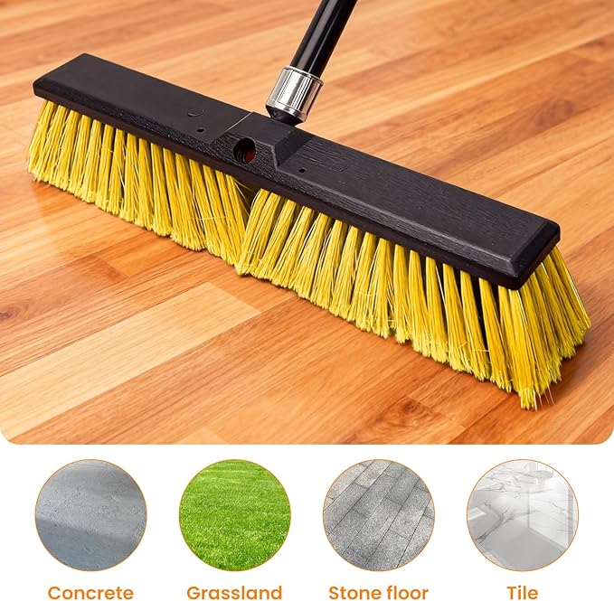 TOMAIX 18 Inches Push Broom Outdoor，Commercial Broom Brush，Stiff Bristle Brush with 61.8 inches Long Handle for Patio Garage Deck Street Shop Warehouse Lawn Driveway -2 Pack