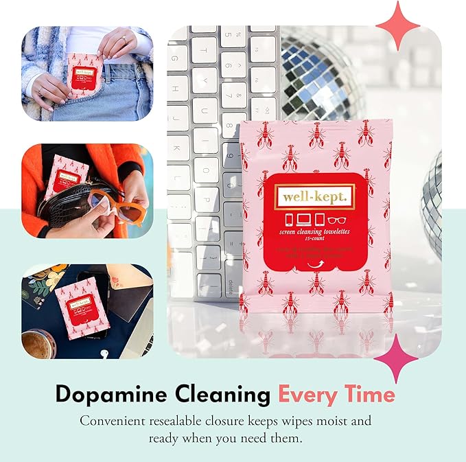 Well-Kept Tech & Lens Wipes - Eyeglass, Screen & Phone Cleaning, Multi-Surface, Lint-Free, Pre Moistened, Streak-Free & Non Scratching - Lobsterfest, 12 Pack (180 Count)