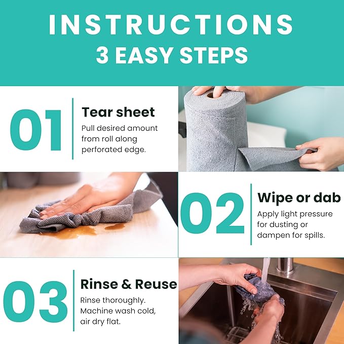 Microfiber Cleaning Cloth Roll, Reusable Tear Away Towels, Ultra Absorbent Dish Rags for Car, Home, Garage (Grey with Hanging Hooks)