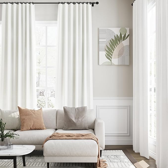 100% Blackout Linen Curtains 84 Inch Length 2 Panels Ivory Light Blocking Darkening Living Room Curtains 84 Inches Long Elegant Modern Back Tab Pocket Noise Reducing Drapes for Nursery 52X84