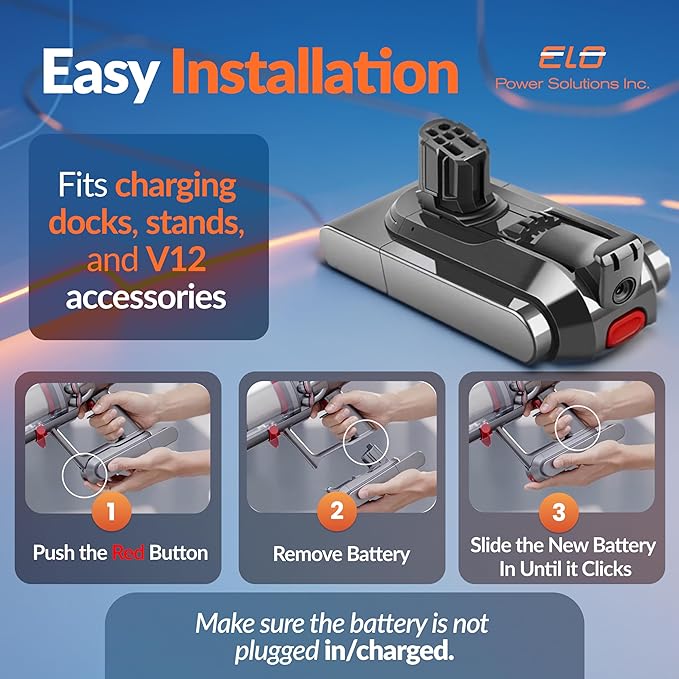 ELO V12 Battery and Filter Replacement for Dyson V12 Detect and Detect Slim Vacuum Series - SV30 SV46 - Fade Free Premium Ultra Long Lasting Battery - Part No. 965470-01 (Does not fit SV12 V10)