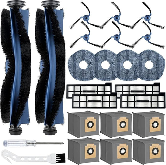 24 Pack X10 Pro Omni Replacement Parts for Eufy X10 Pro Omni Robot Vacuum Cleaner Accessories, 2 Main Brushes 4 Hepa Filter 4 Mop Pads 6 Dust Bags 6 Side Brushes 1 Screwdriver 1 Cleaning Brush