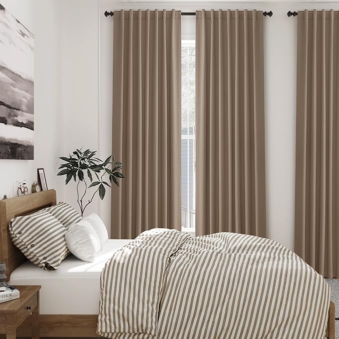 Nanspring Tan Linen Blackout Curtains 84 Inches Long Back Tab Burlap Flax Bedroom Blackout Curtains 2 Panel Sets Rustic Farmhouse Full Light Blocking Thermal Insulated Curtain 84 Inch Length