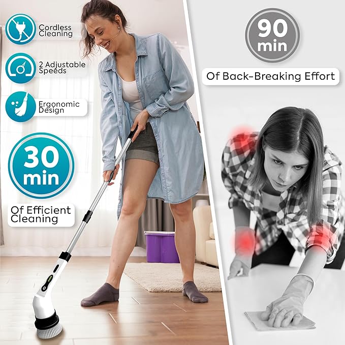 Deliverypacket -Electric Spin Scrubber with 9 Brush Heads, Cordless Shower Cleaning Brush with Long Handle, Rechargeable & Waterproof