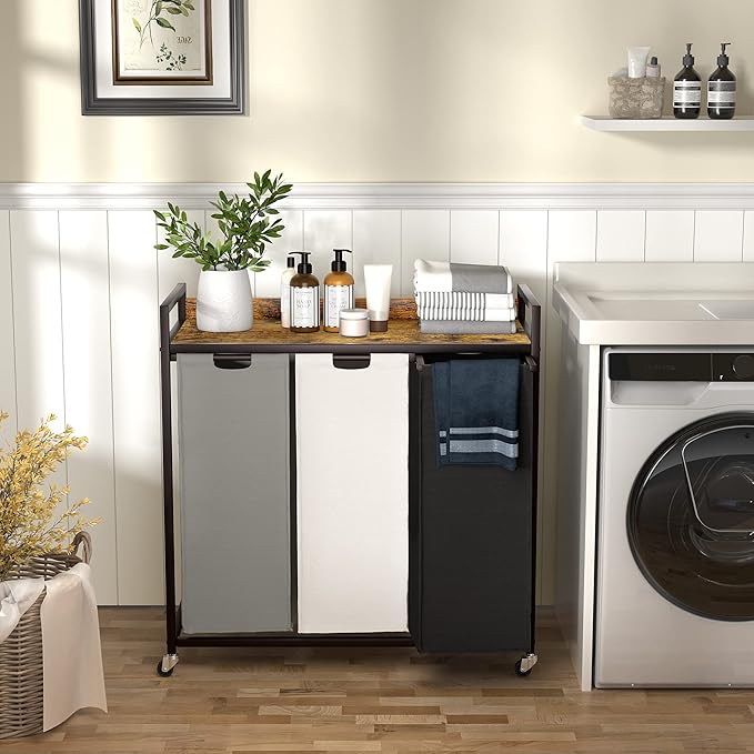 Laundry Hampers with Shelf, Laundry Basket 3 Section, Laundry Sorter with Pull-Out Removable Large 3 Color Bags and Movable Wheels, Metal Frame, 3 x 15.87 Gallons (60L), Rustic Brown PF04XLN
