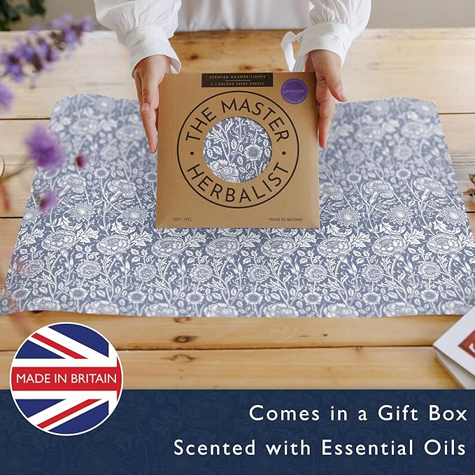 The Master Herbalist Lavender Scented Drawer Liners in a Blue William Morris Design | Pack of 5 Folded Sheets | Contains Lavender Essential Oils | Made in The UK.