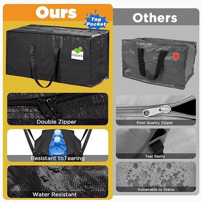 BETU Extra Large Moving Bags Heavy Duty Storage Bags with Zipper Handles, 10 Pack Clothes Storage Totes Bins Packing Moving Boxes, Moving Supplies for College Dorm Essentials, Space Saving, Black