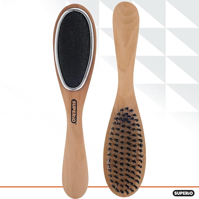 Superio 3 in 1 Lint Brush and Shoe Horn for Suit, Wool Coat, Sweaters, Shoes - Double Sided Portable Pet Hair Remover with Wood Handle
