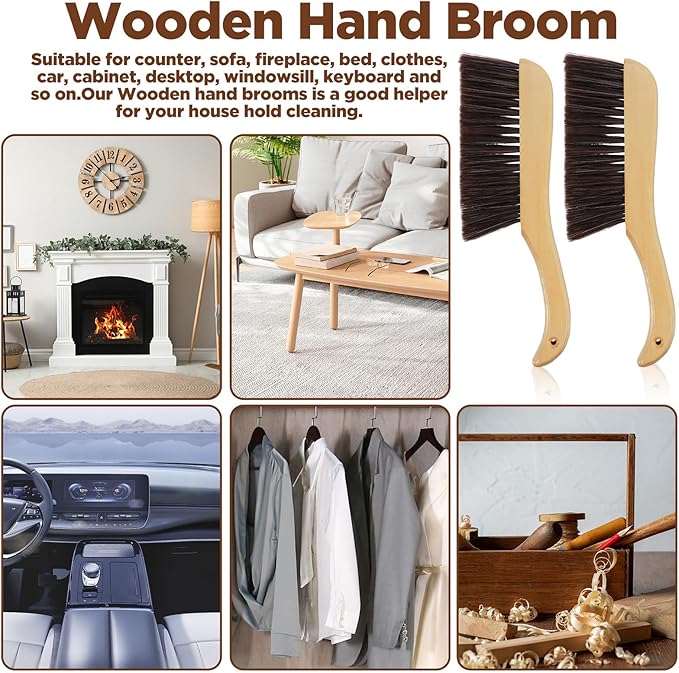 Afcabakila 6 Pieces Wooden Hand Broom, Soft Bristle Dust Brush with Long Wood Handle, Cleaning Brush for Furniture, Car, Sofa, Bed, Fireplace, Bench, Counter, Clothes, Household Cleaning, Brown