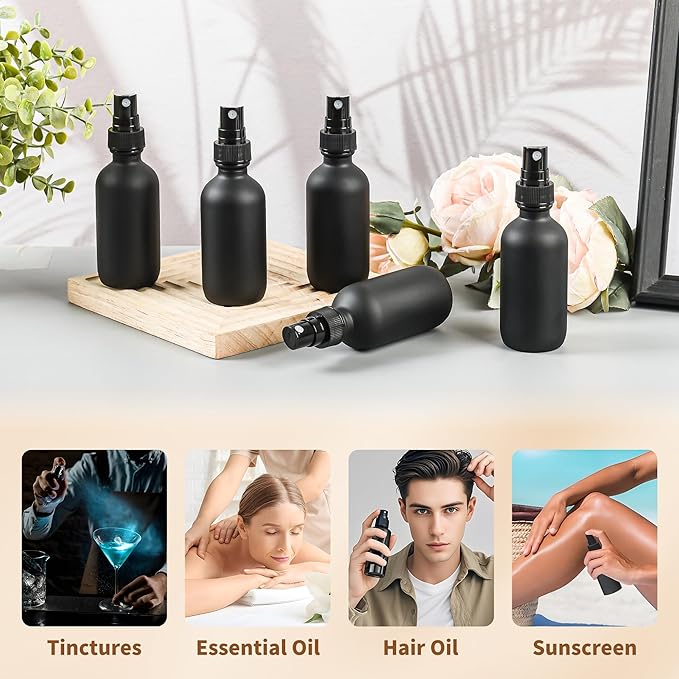 BILLIONSTARS 24 Pack 2oz Glass Boston Round Bottle with Fine Mist Sprayer - Black Frosted - Essential Oils, Bath, Beauty, Hair & Cleaning - Leakproof Travel Bottles