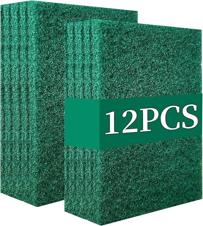 GUEICN Heavy Duty Scour Pads Sponge Dish Scrubber Non-Scratch Green Reusable Household Scrub Pads for Kitchen and Dish Cleaning Tool (12Pcs)