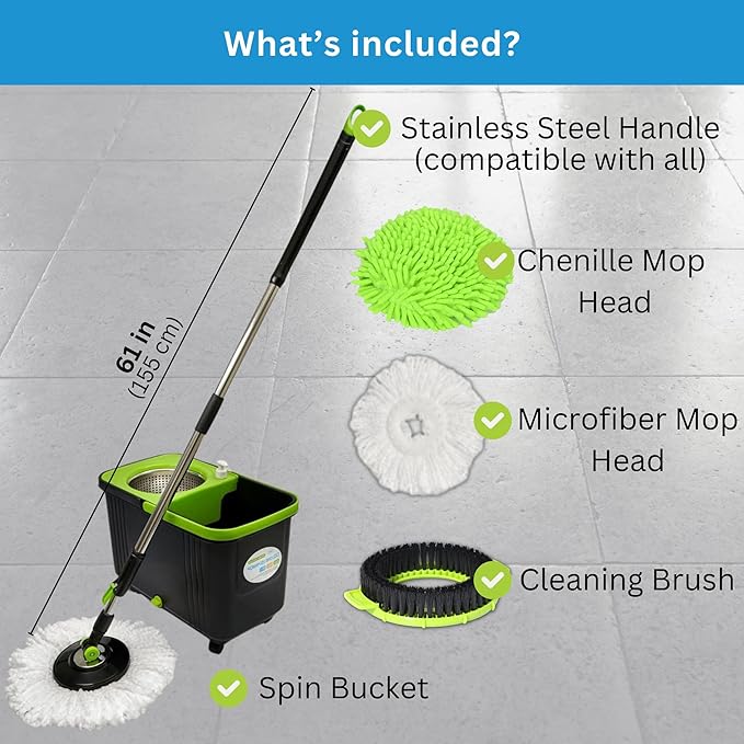 CICLONE ISPINMOP Spin Mop and Bucket P SS 003 with 1 Floor Brush and 1 Chenille Car Wash Mop for Home & Office Cleaning -360 Rotating Mop Spinner and Bucket with 61'' Stainless Steel Mop Handle