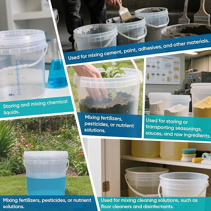 ASEVAT 4Pack Clear Bucket Graduated Pail Container with Lid, Food Grade Buckets, Cleaning Containers Plastic Pails Extra Durable Handles with Grip for Easy Carrying
