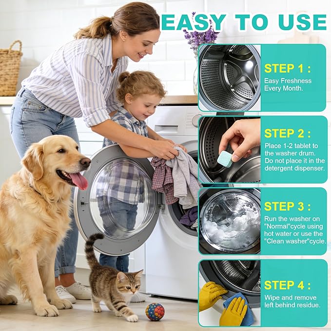 edoia Washing Machine Cleaner Tablets, 30 Pack Deep Cleaning Pods for Front ＆ Top Loader, Natural Formulared for Pet Owners, Heavy Duty, Septic Safe, Over 12 Month Supply, 15G, Blue