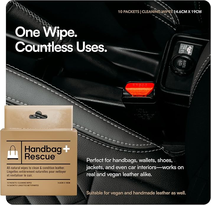 HandBagRescue All-Natural Cleaning Wipes | 10 Individually Wrapped Wipes | Instantly Remove Dirt & Surface Stains & Condition Leather Handbags & Purses with Essential Oils