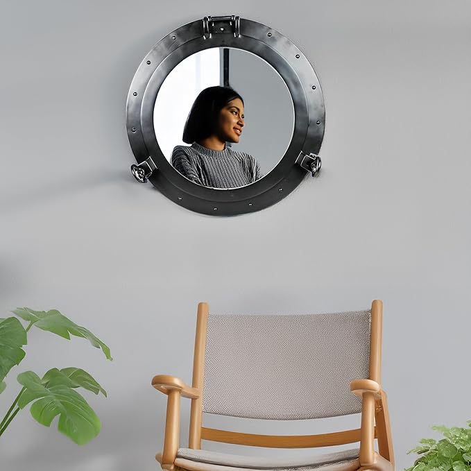 Nagina International Premium Matte Black Nautical Porthole Wall Mounted Mirrors | Maritime Ship's Decor Window