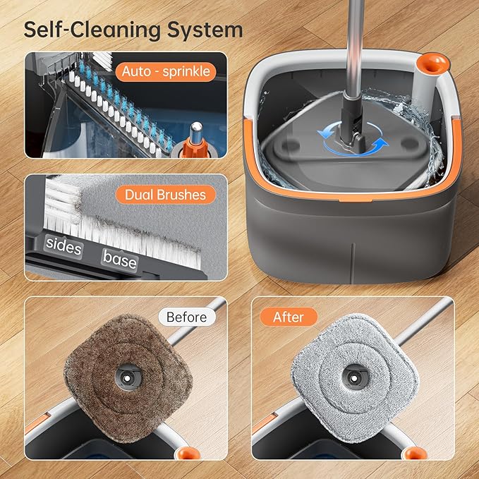 KZKR Spin Mop and Bucket Set with 4 Replaceable Microfiber Mop Pads with Self Separation Dirty and Clean Water System, Self Wringing 360° Rotating Square Mop Head for Hardwood Tile Marble Floors