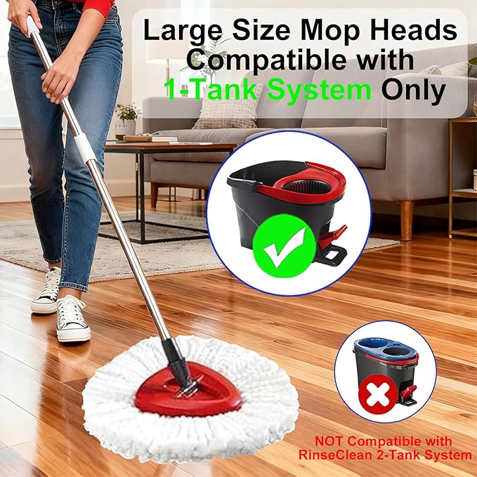 Mop Head Replacements Compatible with O-Cedar EasyWring 1-Tank System, 6 Durable Microfiber Replacement Mop Heads and 1 Triangular Base for Hardwood, Tile & Laminate Floors, Washable & Reusable