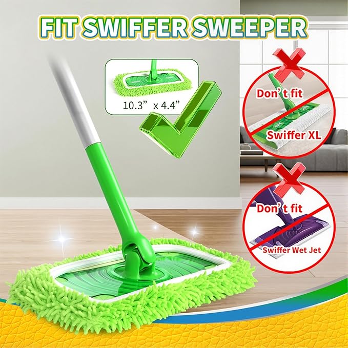 Sakerplus Chenille Mop Refill Pads for Home Use– Replacement Mop Heads for Floor Cleaning,Fits Most Standard Mops, for Hardwood Tile Laminate Floors (Green 6PCS)