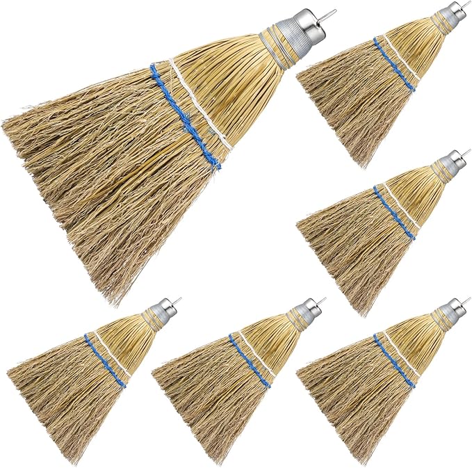 Suclain 6 Pcs 12 Inch Whisk Broom Hand Held Mini Corn Straw Whisk Broom Short Handle with Metal Hanger Halloween for Multi Surface Sweeping Small Hand Brush for Outdoor Car Porch Debris Dust Dirt