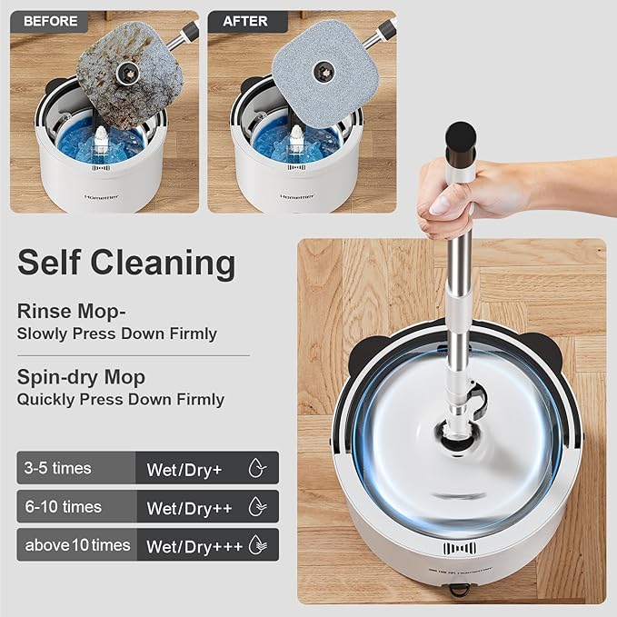 HoMettler Mop and Bucket Set, Dual-Tank Clean/Dirty Water Separation, with Triangular Head & 4 Microfiber Pads for Deep-Cleaning Floors, Versatile Mops for Walls