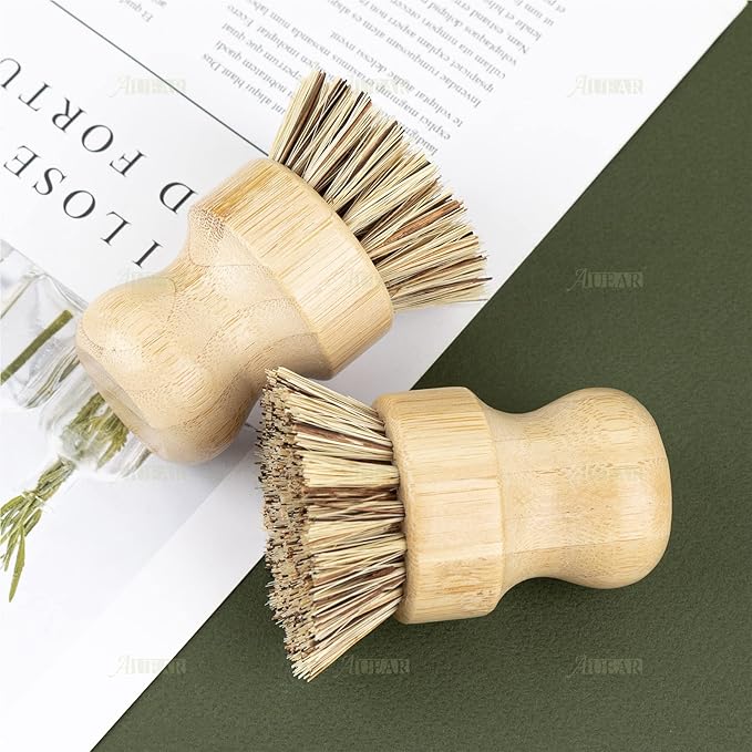 AUEAR, Natural Bamboo Dish Scrub Brush Cleaning Pot Scrubber Brushes Coconut Bristles for Cast Iron Skillet Pots Pans (4 Pack)