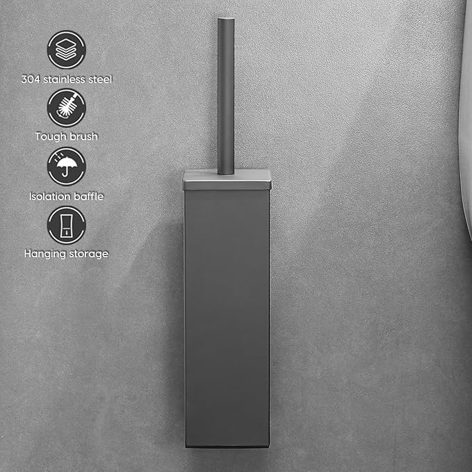 Brushed Gold Stainless Steel Toilet Brush, Square No-Punch Hook Base Toilet Brush Holder Removable Inner Bucket and Splash Proof Cover - Soft Bristles (No Drill Square Metal Cap Gray)