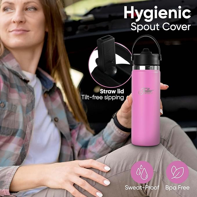 Fuller Stainless Steel Water Bottle with Straw Lid – BPA-Free, Sweat-Proof, Leak-Proof Travel Mug – Double Wall Insulated for Hot & Cold Drinks – Carry Handle (Bright Pink, 20 Oz.)