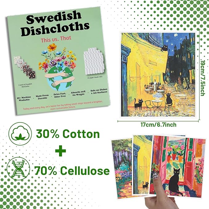 Black Cat Swedish Dishcloths for Kitchen - 6PCS Oil Painting Black Cat Swedish Cloths for Washing Dishes, Cotton Kitten Reusable Dish Towels, Washable Cleaning Sponge Gifts Fast Drying