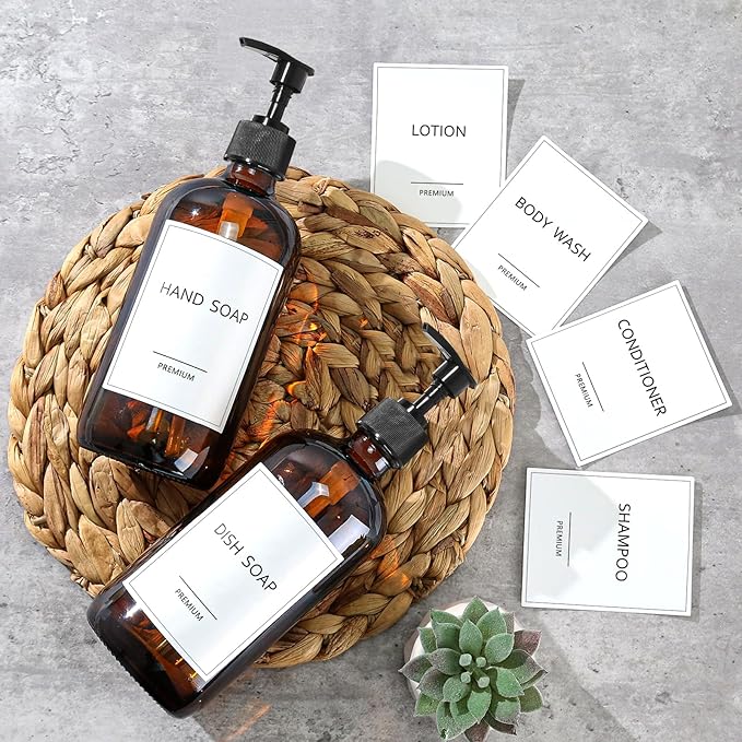 GMISUN Glass Shampoo and Conditioner Dispenser, Shower Soap Dispenser Bottles with Labels, Refillable Shampoo Conditioner Body Wash Dispensers, Amber Glass Soap Pump Dispenser Set for Bathroom Shower