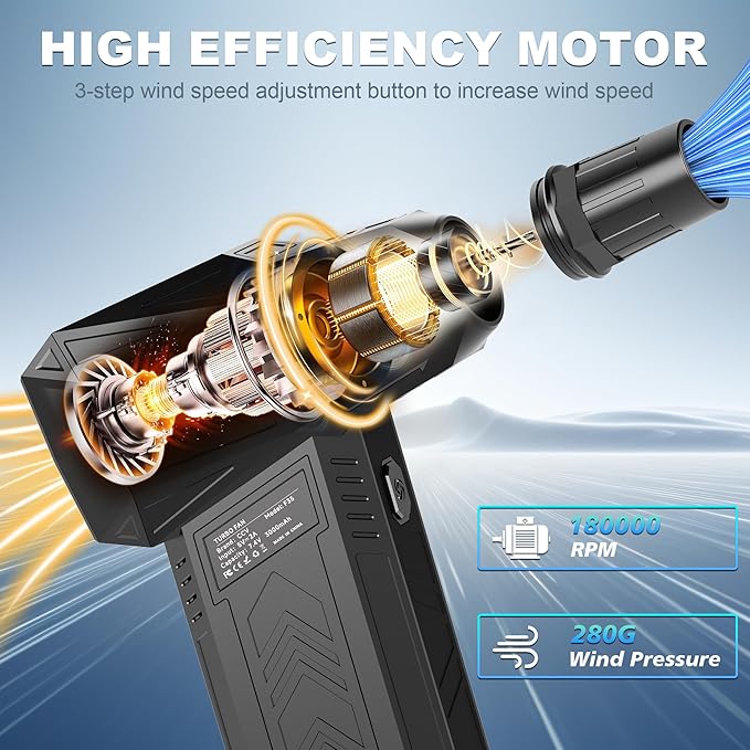 CCV Compressed Air Duster - 180000RPM Electric Air Duster for Cleaning Keyboard&PC 3 Gears Adjustable Rechargeable Cordless Jet Dry Blower Air Blower for Car and Home (Black)