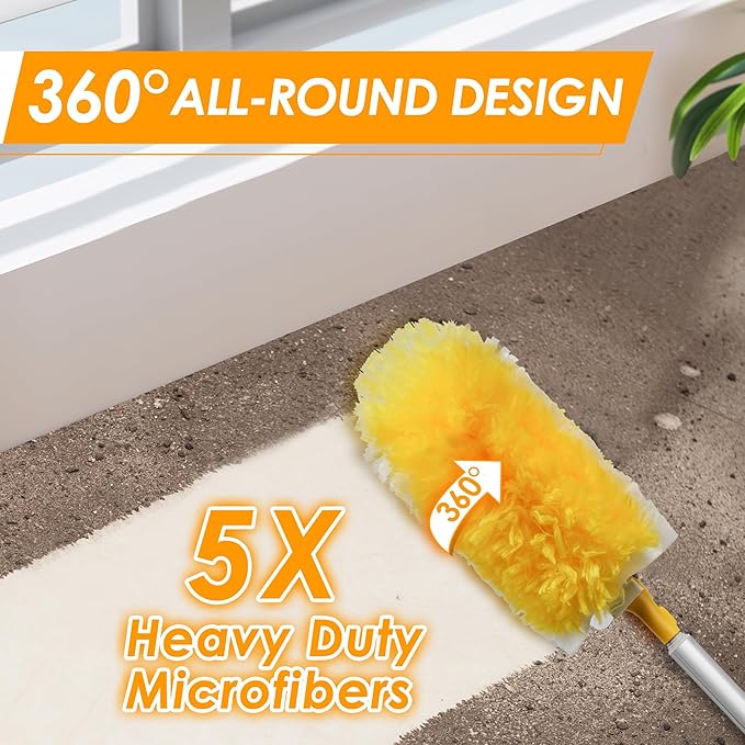 NEWE Dusters for Cleaning with 20 Refills for Flash, Extendable Handle Heavy Duty Dust Magnet for Swiffer with Microfibers, 360 Degree Multi-Surface Dusting Kit for Blinds Furniture (Yellow)