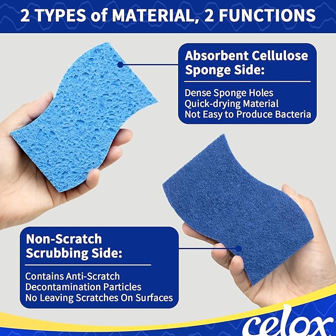 CELOX 6 Pack Non-Scratch Dish Sponge, Dual Sided Kitchen Sponges for Dishes, Long Lasting Dishwashing Household Cleaning Sponges for Kitchen, Easy to Dry and Reusable